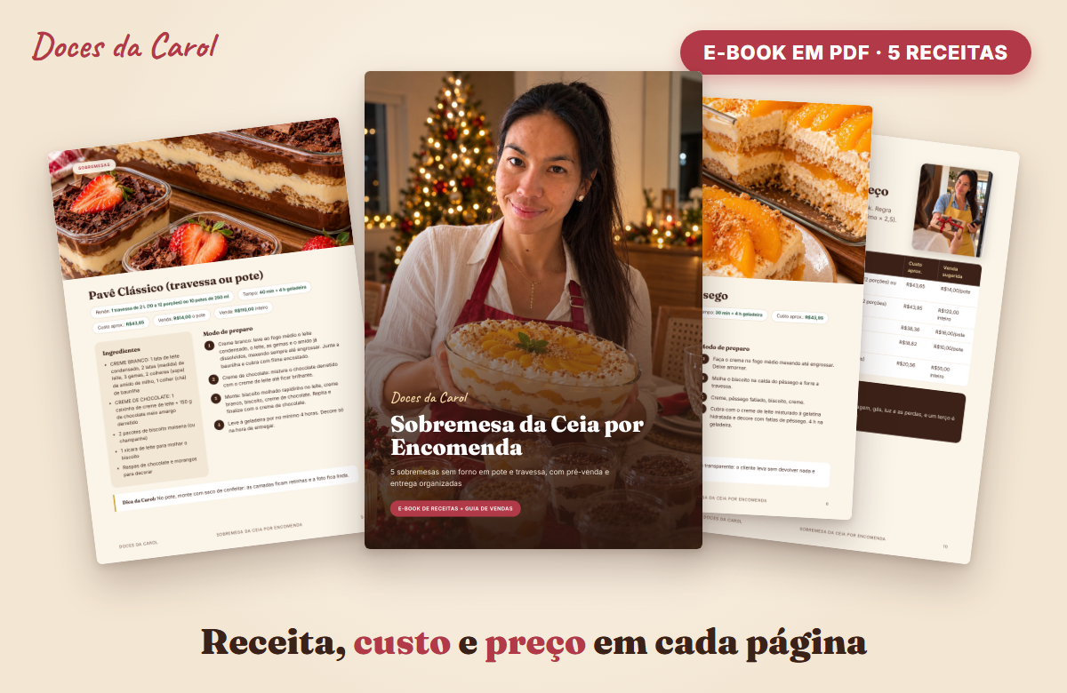 Páginas reais do e-book Sobremesa da Ceia por Encomenda, com receita, custo e preço de cada doce