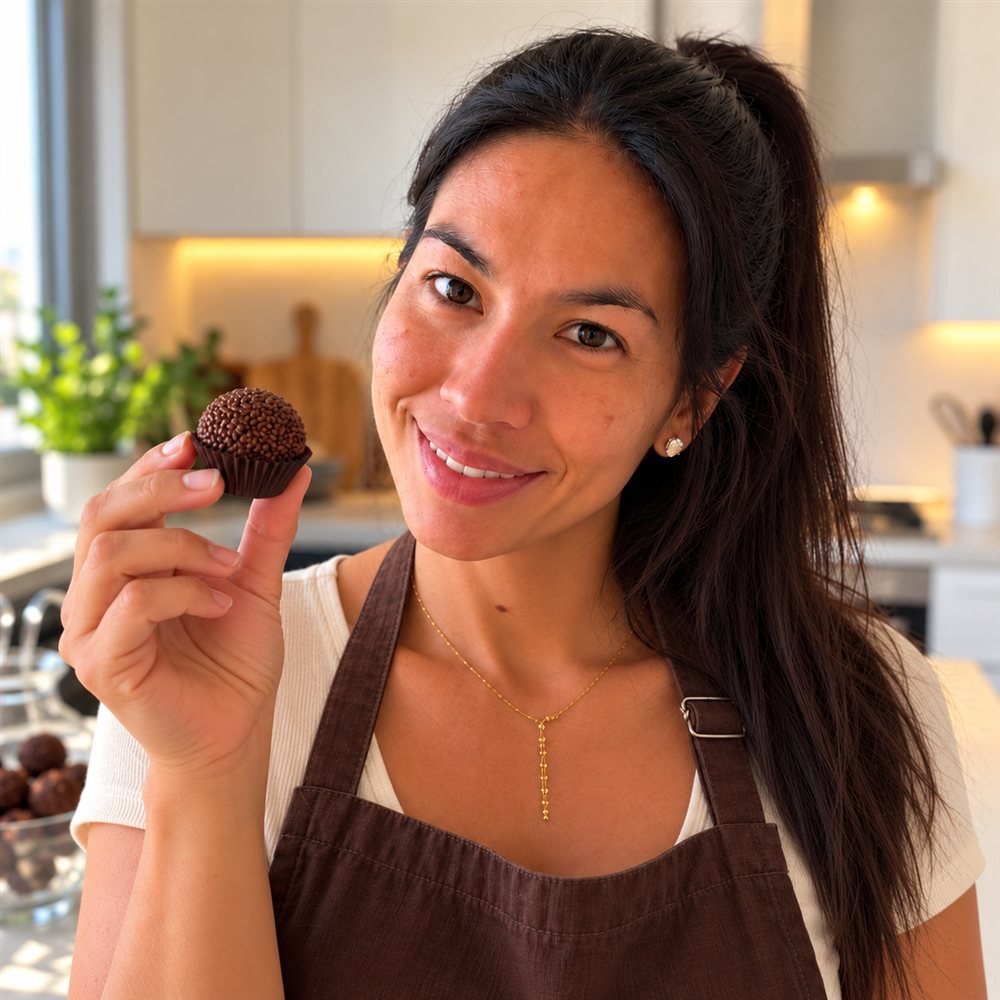 Carol, dona da marca Doces da Carol, sorrindo na cozinha com um brigadeiro