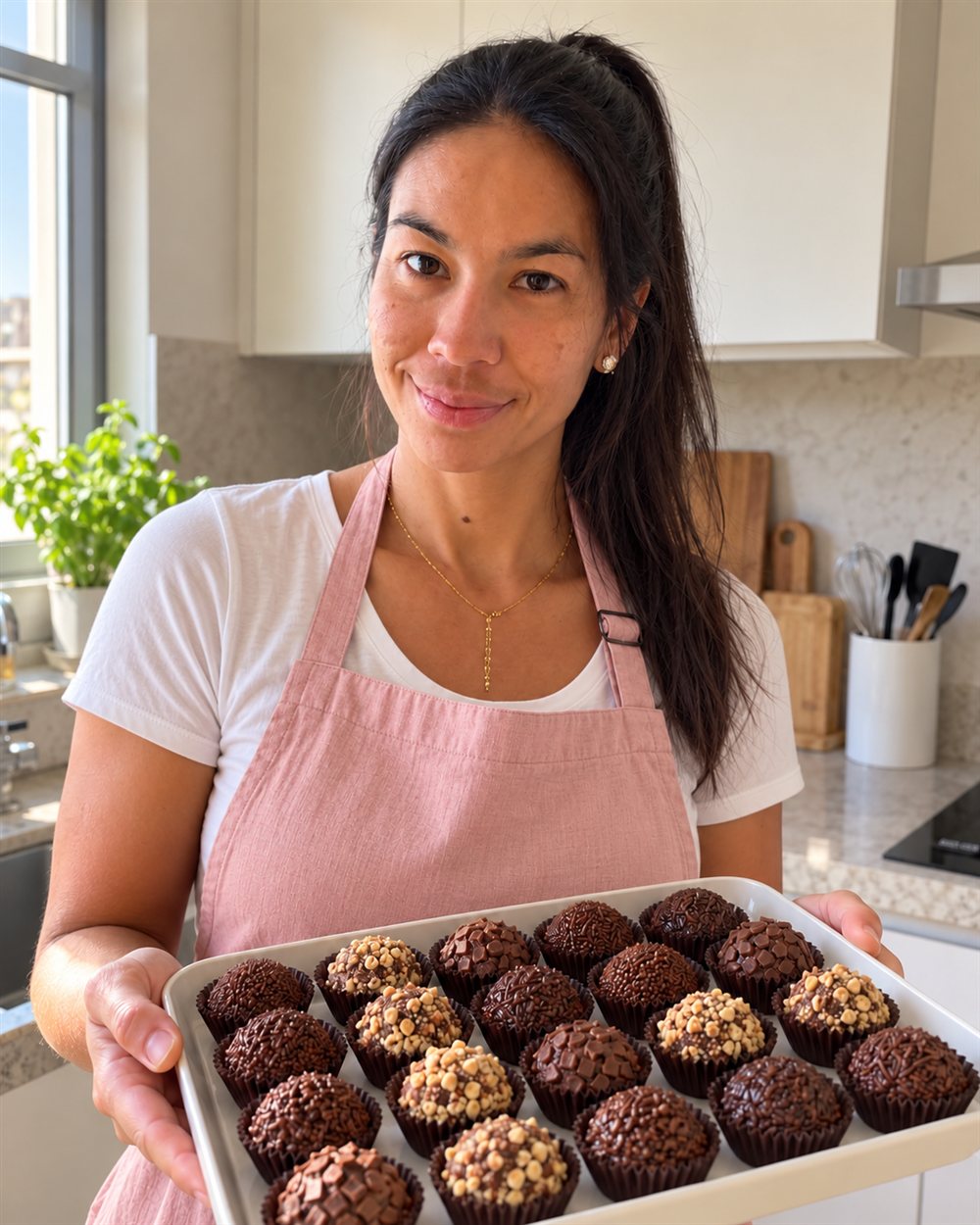Carol segurando uma bandeja de brigadeiros gourmet feitos na cozinha de casa
